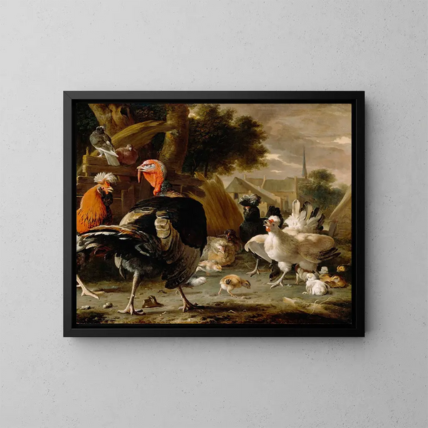 Hof der Hühner - Melchior d'Hondecoeter — gerahmtes Bild an der Wand