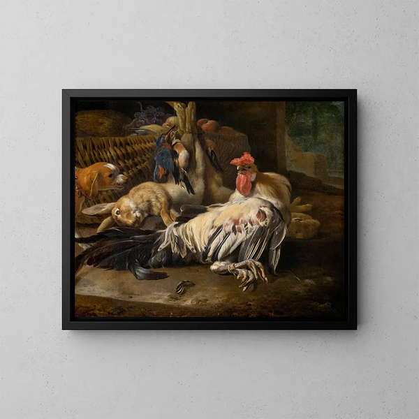 Stillleben mit einem Hahn - Melchior d'Hondecoeter — gerahmtes Bild an der Wand