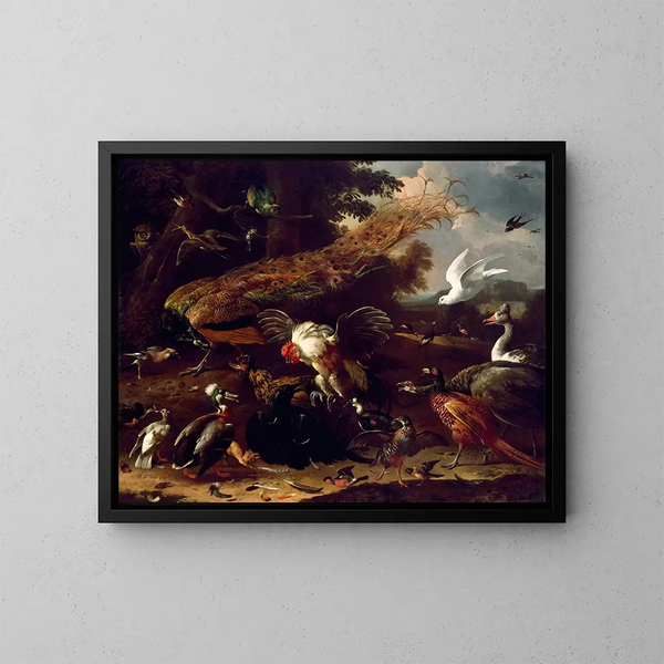 Der Rabe ausgestellt - Melchior d'Hondecoeter — gerahmtes Bild an der Wand