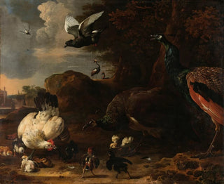 Melchior dHondecoeter - Two Peacocks Threatening a Hen with Chicks Known as The Threatened Hen.webp