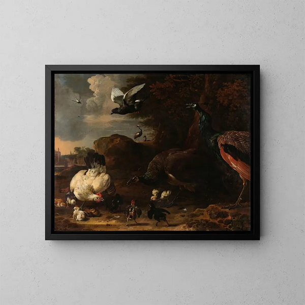 Zwei Pfauen, die eine Henne mit Küken bedrohen, bekannt als Die Bedrohte Henne - Melchior d'Hondecoeter — gerahmtes Bild an der Wand