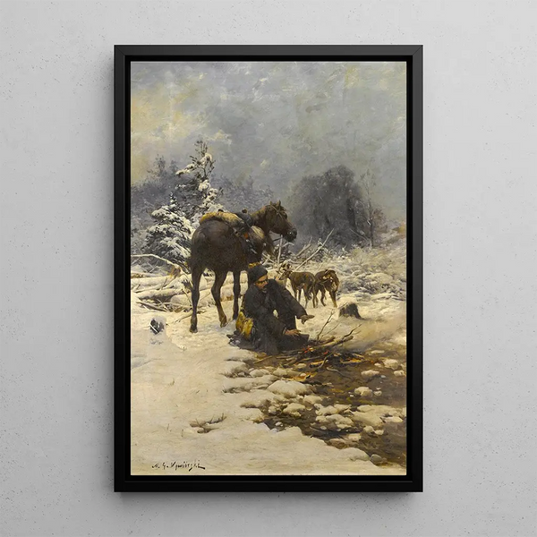 Micha GorstkinWywirski - A hunter in the snow warming his hands by a fire.webp