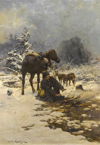 Micha GorstkinWywirski - A hunter in the snow warming his hands by a fire.webp