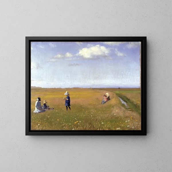 Kinder und junge Mädchen, die Blumen in einem Feld nördlich von Skagen pflücken - Michael Ancher — gerahmtes Bild an der Wand
