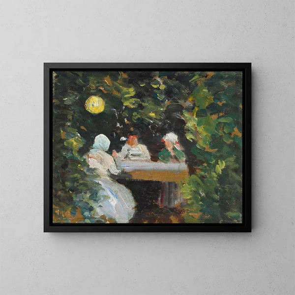 Ensemble dans le jardin un soir d'été sous la lampe - Michael Ancher — gerahmtes Bild an der Wand