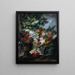 Eine Außenszene mit einem Brunnen, einer Urne und einem Korb voller Rosen, Pfingstrosen, Mohnblumen, Hortensien und anderer Blumen - Miguel Parra Abril — gerahmtes Bild an der Wand