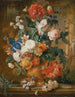 Pfingstrosen, Rosen, Nelken, Iris, Anemonen, Aurikel und andere Blumen in einer Terrakotta-Vase - Mélanie de Comolera — Ansicht des Kunstwerks