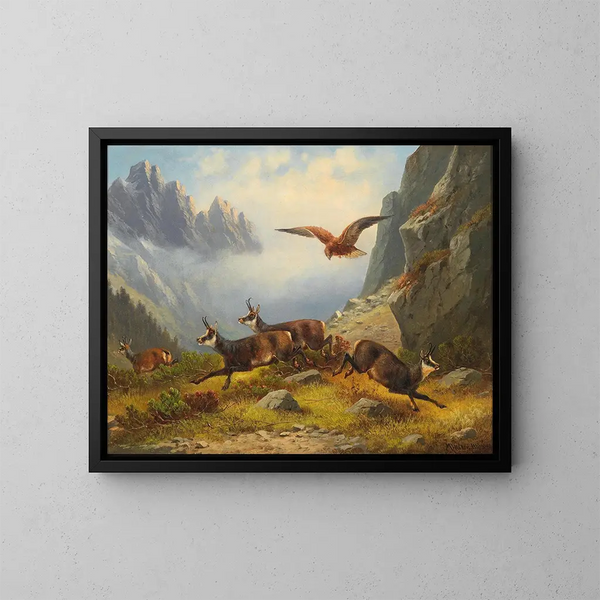 Adler auf der Jagd nach Gämse - Moritz Müller — gerahmtes Bild an der Wand