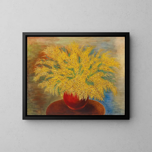 Blumenstrauß aus Mimose in einem roten Topf - Moïse Kisling — gerahmtes Bild an der Wand