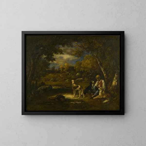 Junge mit seinen Hunden in einem Wald - Narcisse Virgile Diaz de la Peña — gerahmtes Bild an der Wand