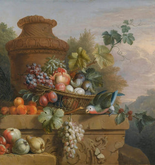 Stillleben mit einem Obstkorb, einem Papagei und einer Urne auf einem geschnitzten Steinfensterbrett - Nachfolger von Jakob Bogdny