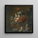 Stillleben mit Rosen, geflammten Tulpen, Pfingstrosen und anderen Blumen in einer geschnitzten Vase, mit Trauben und einem Ara - Simon Verelst — Wandpräsentation des Kunstwerks