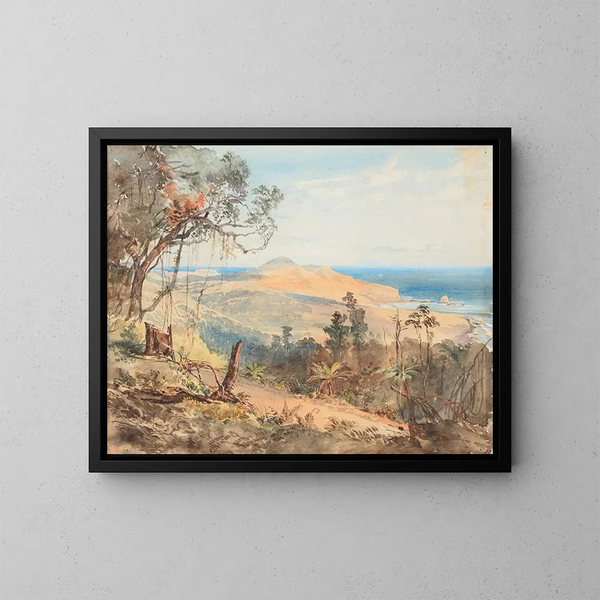 Bucht von Sandfly und Möwenfelsen bei Dunedin - Nicholas Chevalier — gerahmtes Bild an der Wand