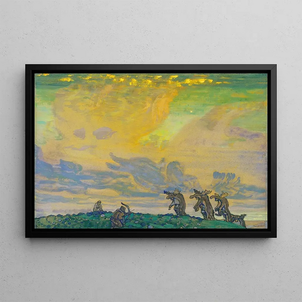 Le Grand Sacrifice, Dekor für das Ballett Le Sacre du printemps von Stravinsky - Nicholas Roerich — gerahmtes Bild an der Wand
