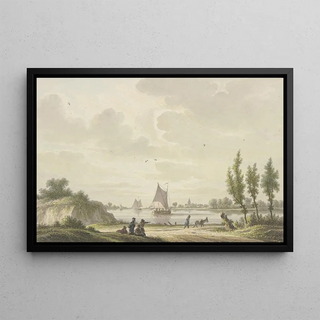 Nicolaas Wicart - Auf einem Fluss segeln drei Barken vorne auf dem Weg ein Mann mit einem Esel weiter links vier Figuren.webp