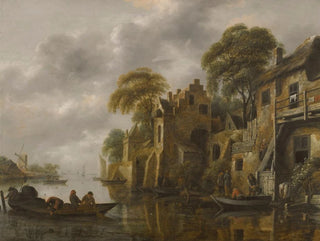 Nicolaes Molenaer - A River Landscape With Fishermen Loading Their Nets Beside A Town.webp