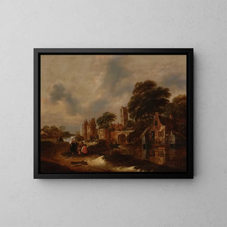 Nicolaes Molenaer - River landscape with village walls and figures conversing in the foreground.webp