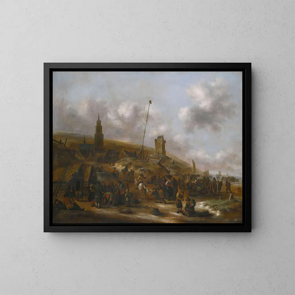 Die Strand von Scheveningen mit Fischern beim Entladen ihrer Beute - Nicolaes Molenaer — gerahmtes Bild an der Wand
