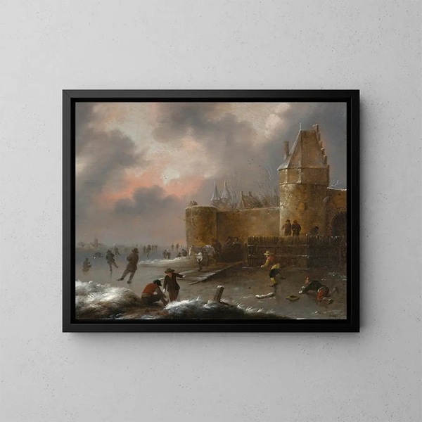 Winterlandschaft mit Schlittschuhläufern - Nicolaes Molenaer — gerahmtes Bild an der Wand