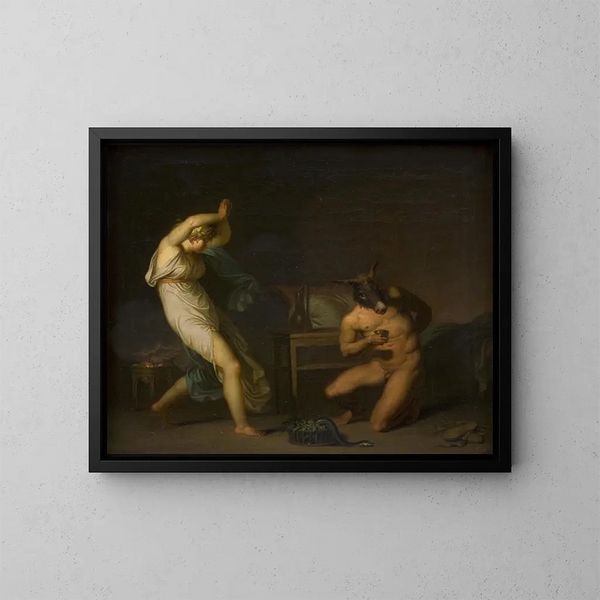 Fotis sieht, wie sein Geliebter Lucius in einen Esel verwandelt wird, Motiv aus dem L'Âne d'or - Nicolai Abildgaard — gerahmtes Bild an der Wand