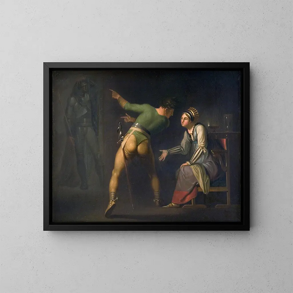 Hamlet und seine Mutter, Episode aus Hamlet von Shakespeare - Nicolai Abildgaard — gerahmtes Bild an der Wand