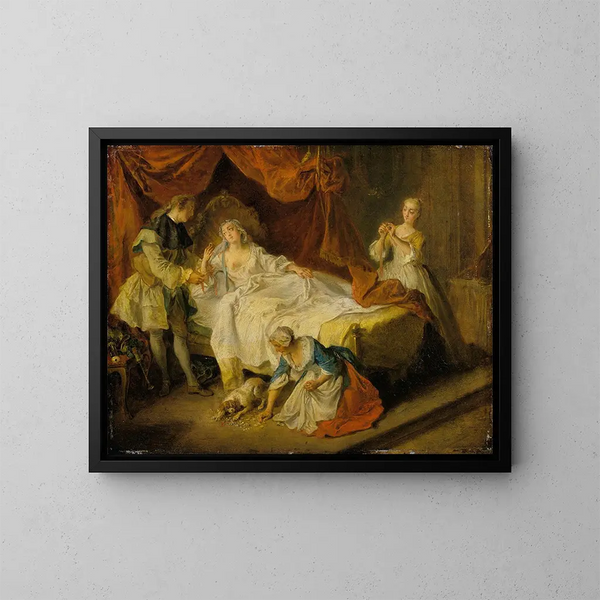 Der kleine Hund, der mit Silber und Edelsteinen schüttelt - Nicolas Lancret — gerahmtes Bild an der Wand