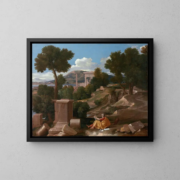 Landschaft mit Johannes auf der Insel Patmos - Nicolas Poussin — gerahmtes Bild an der Wand