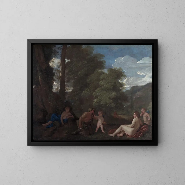 Nymphe und Satyr, die Liebe triumphiert über alles - Nicolas Poussin — gerahmtes Bild an der Wand