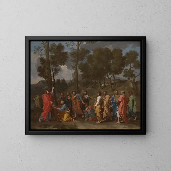 Der Sakrament der Weihe: Christus übergibt die Schlüssel an den heiligen Petrus - Nicolas Poussin — gerahmtes Bild an der Wand