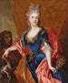 Portrait einer Dame mit einem Pfauenfeder-Fächer, begleitet von ihrem Diener mit einem Hund - Nicolas de Largillière — Ansicht des Kunstwerks