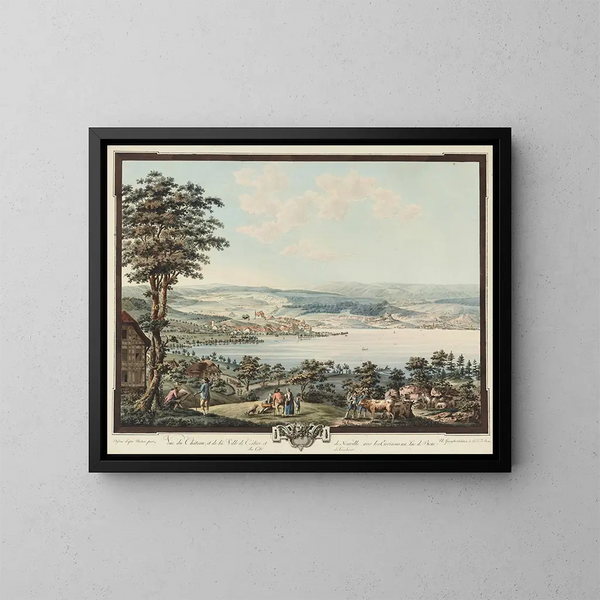 Ansicht des Schlosses und der Stadt Cerlier und Neuville mit der Umgebung am Bielersee - Niklaus Sprüngli — gerahmtes Bild an der Wand
