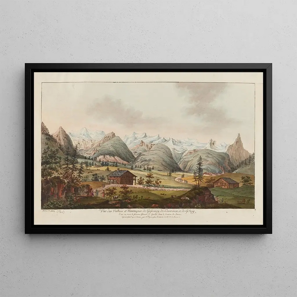 Ansicht der Täler und Berge von Gessenay von Lauwenen und Gsteig, von wo aus man den berühmten Gletscher von Guelte im Kanton Bern sieht - Niklaus Sprüngli — gerahmtes Bild an der Wand