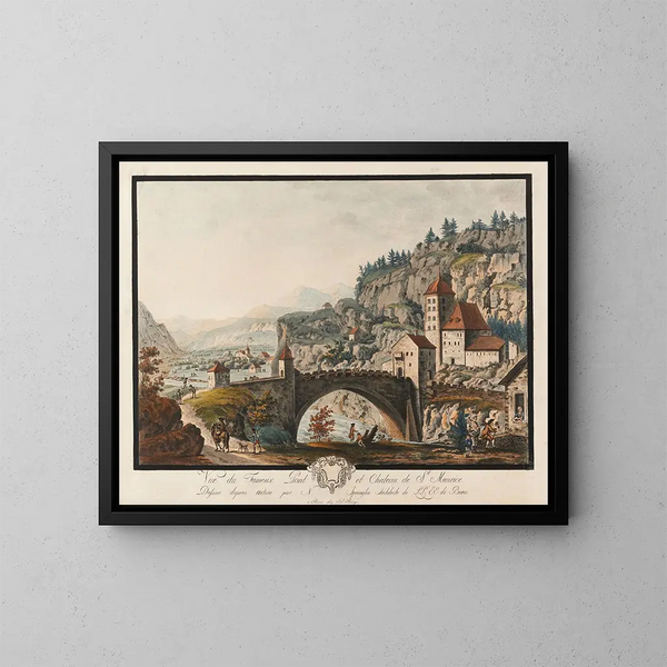 Ansicht der berühmten Brücke und Burg von Saint-Maurice - Niklaus Sprüngli — gerahmtes Bild an der Wand