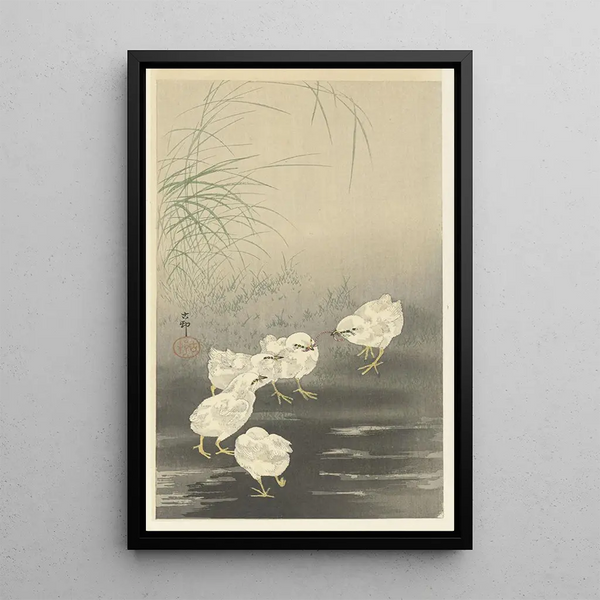 Poussins et ver - Ohara Koson — gerahmtes Bild an der Wand