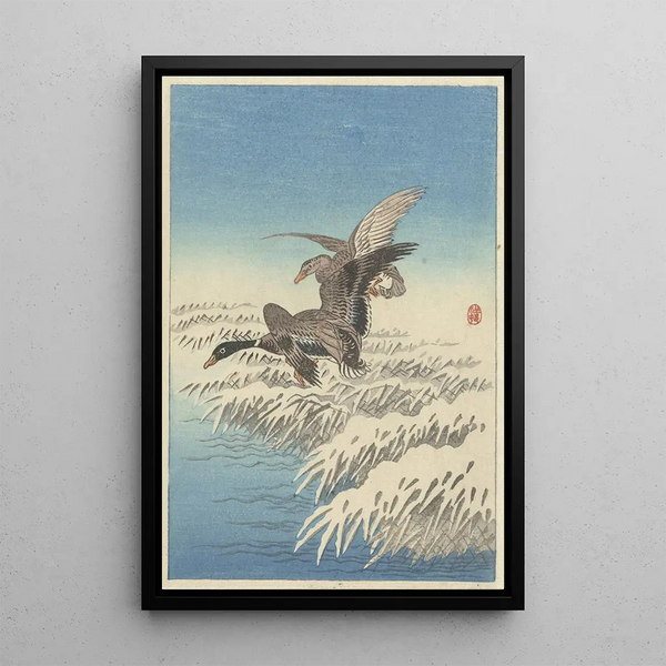 Entenflug über den verschneiten Schilf - Ohara Koson — gerahmtes Bild an der Wand