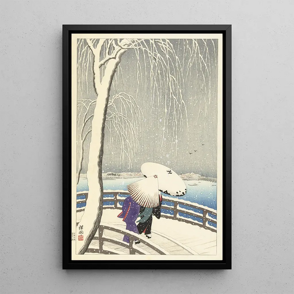 Im Schnee auf Yanagibashi - Ohara Koson — gerahmtes Bild an der Wand