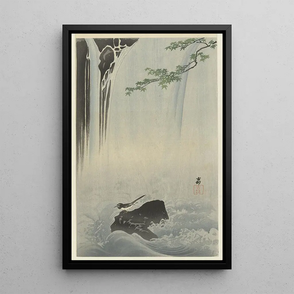 Bergeronnette japonaise à la cascade - Ohara Koson — gerahmtes Bild an der Wand