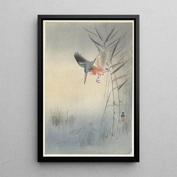 Martin-pêcheur jagt den Fisch - Ohara Koson — gerahmtes Bild an der Wand