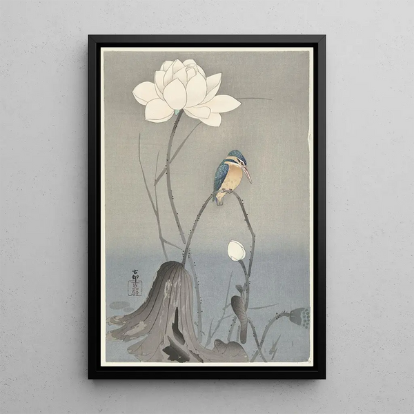 Eisvogel mit Lotusblume - Ohara Koson — gerahmtes Bild an der Wand