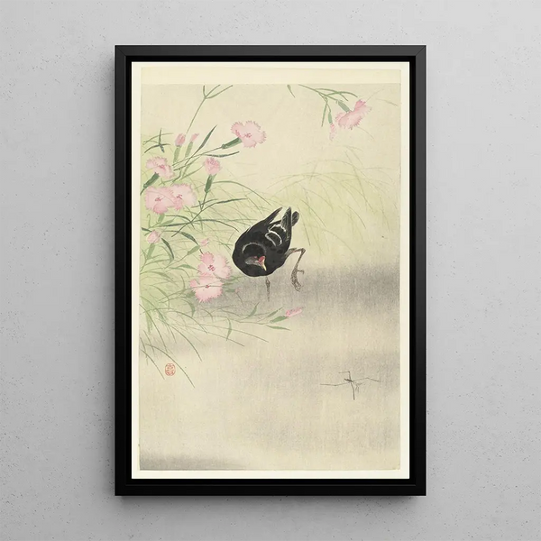 Wasserhuhn in der Nähe einer blühenden Pflanze - Ohara Koson — gerahmtes Bild an der Wand