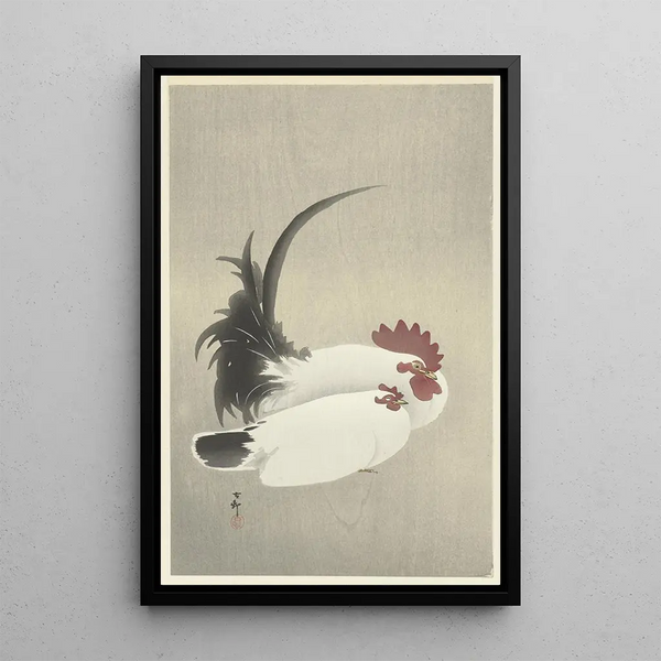 Hahn und Huhn - Ohara Koson — gerahmtes Bild an der Wand