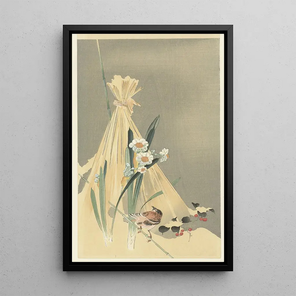 Singender Vogel in der Nähe eines Heubündels - Ohara Koson — gerahmtes Bild an der Wand