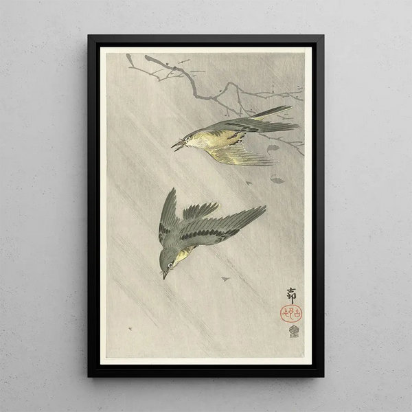 Singende Vögel im Regen - Ohara Koson — gerahmtes Bild an der Wand