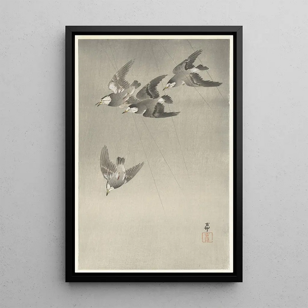 Étourneaux sous la pluie - Ohara Koson — gerahmtes Bild an der Wand