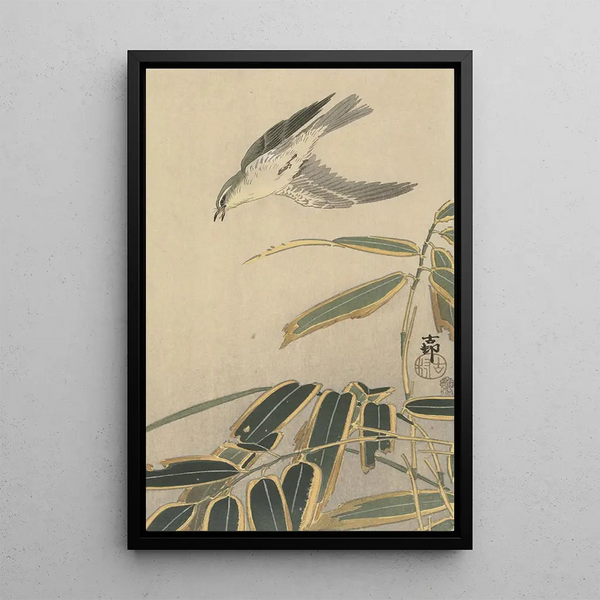Traquet mit Bambus - Ohara Koson — gerahmtes Bild an der Wand