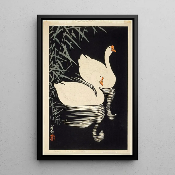 Chinesische weiße Gänse schwimmen in der Nähe von Schilf - Ohara Koson — gerahmtes Bild an der Wand