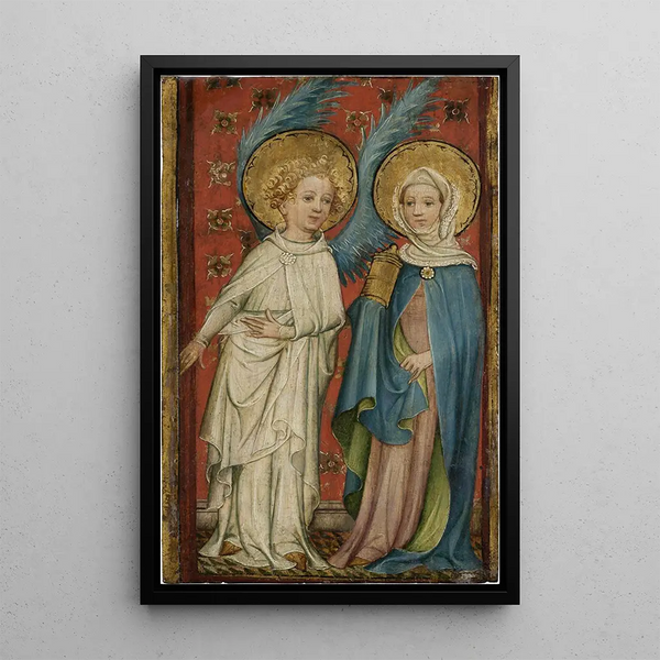 L'Ange und Maria Magdalena am Grab - Alter Meister der Kleiderschranktüren von Aachen — gerahmtes Bild an der Wand