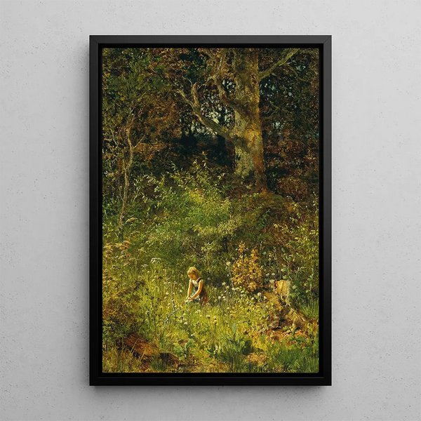 Ein Mädchen, das Blumen in einer Waldlichtung pflückt - Olga Wisinger-Florian — gerahmtes Bild an der Wand