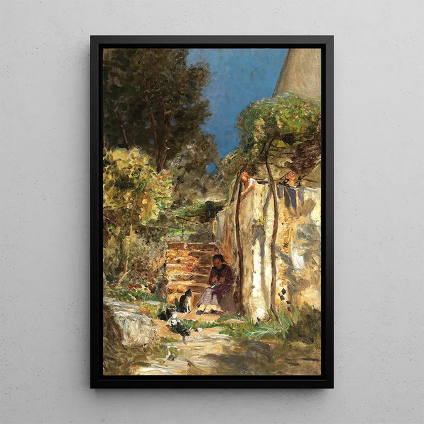 Kätzchen, die in einer südlichen Landschaft spielen - Olga Wisinger-Florian — gerahmtes Bild an der Wand