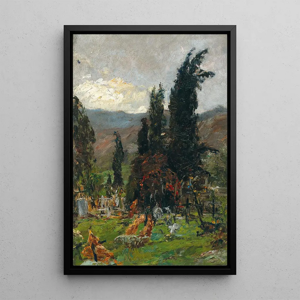 Blick auf einen Friedhof bei Sonnenuntergang - Olga Wisinger-Florian — gerahmtes Bild an der Wand